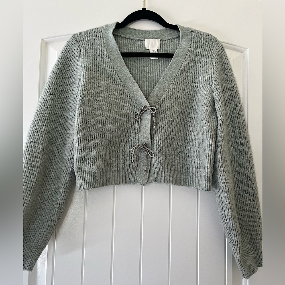 H&M Rhinestone Bow Cropped Cardigan in Sea Foam